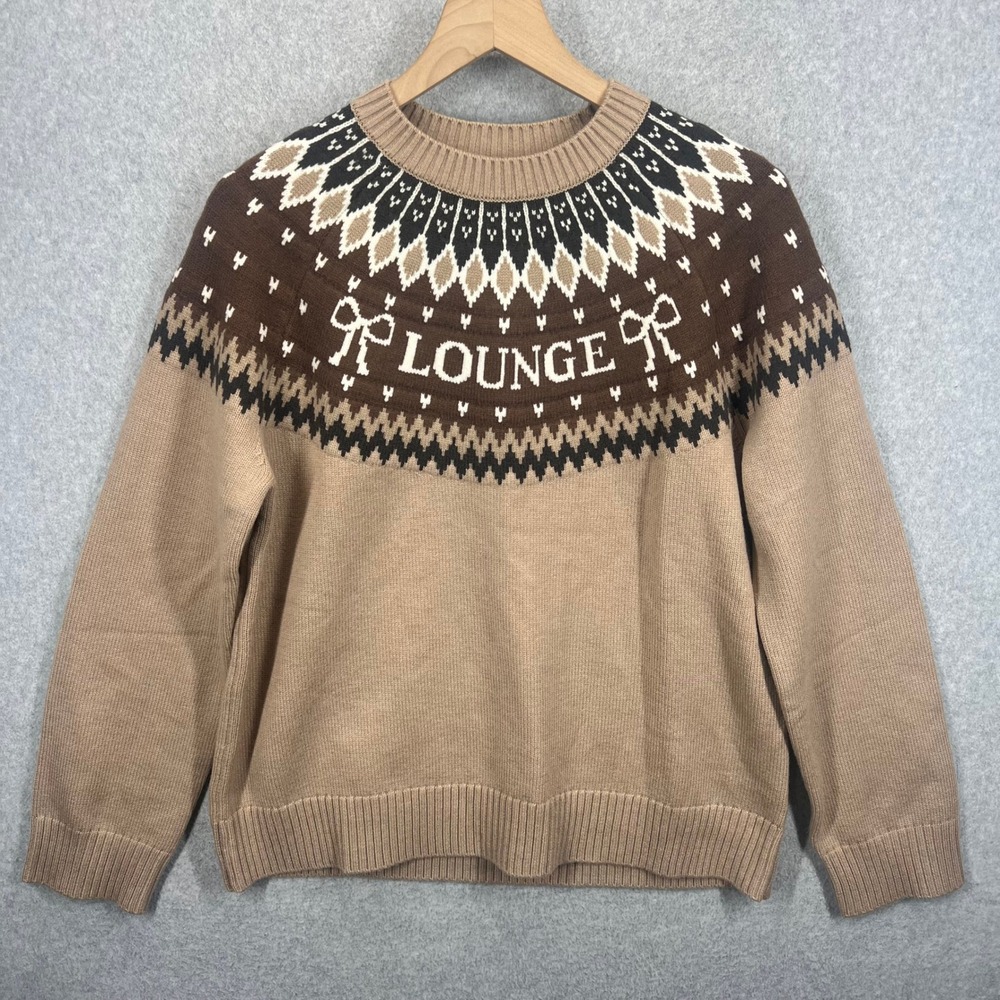 Lounge Fair Isle Sweater Womens S Tan‎ Brown Bow Intarsia Knit NWOT